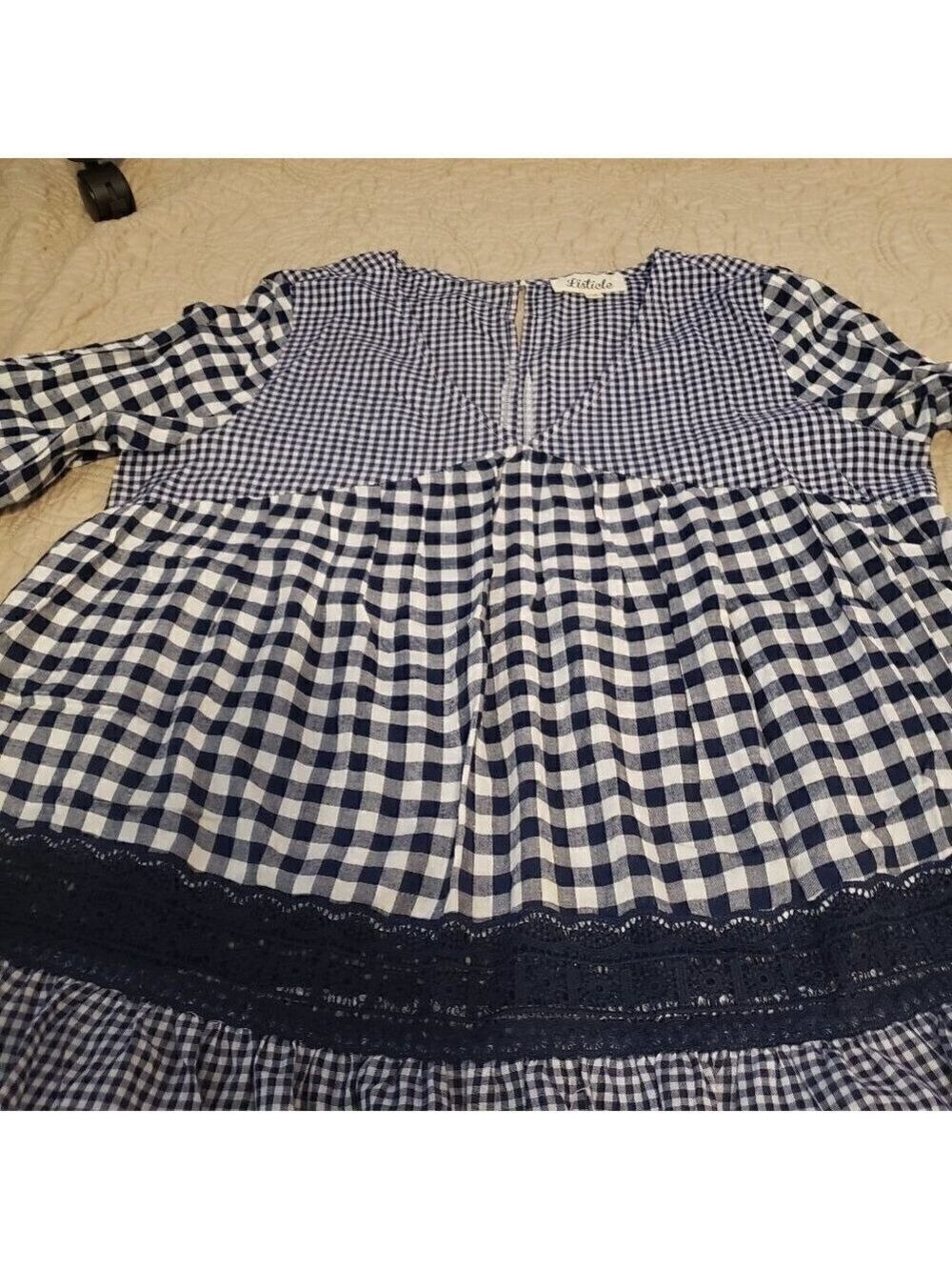 LISTICLE Gingham Babydoll Top with Lace